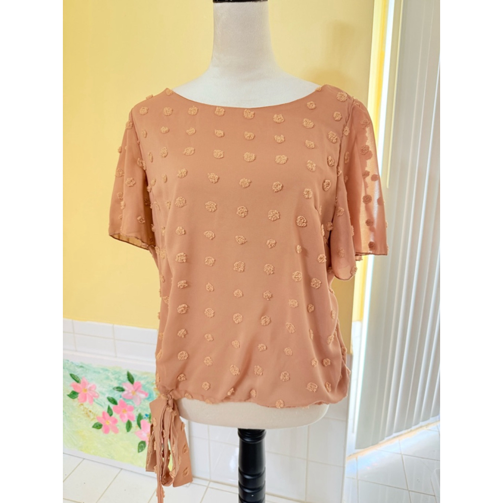 Women's Shein Blouse Size XL Peach Pom Pom Short Sleeve